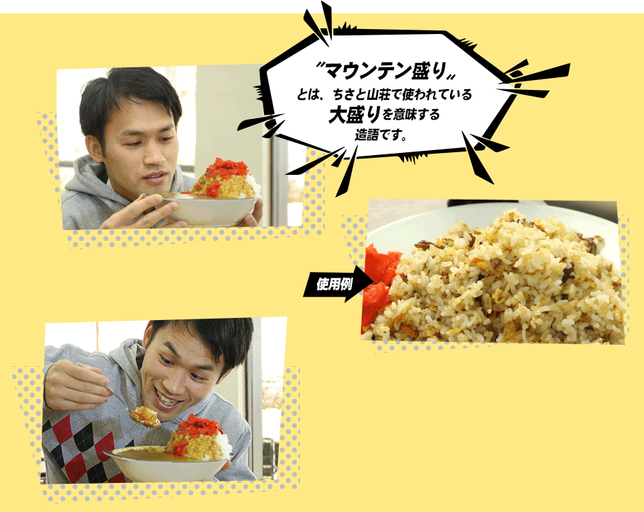 〝マウンテン盛り〟とは、ちさと山荘で使われている大盛りを意味する造語です。焼飯マウンテンで!!（盛りは省略可）